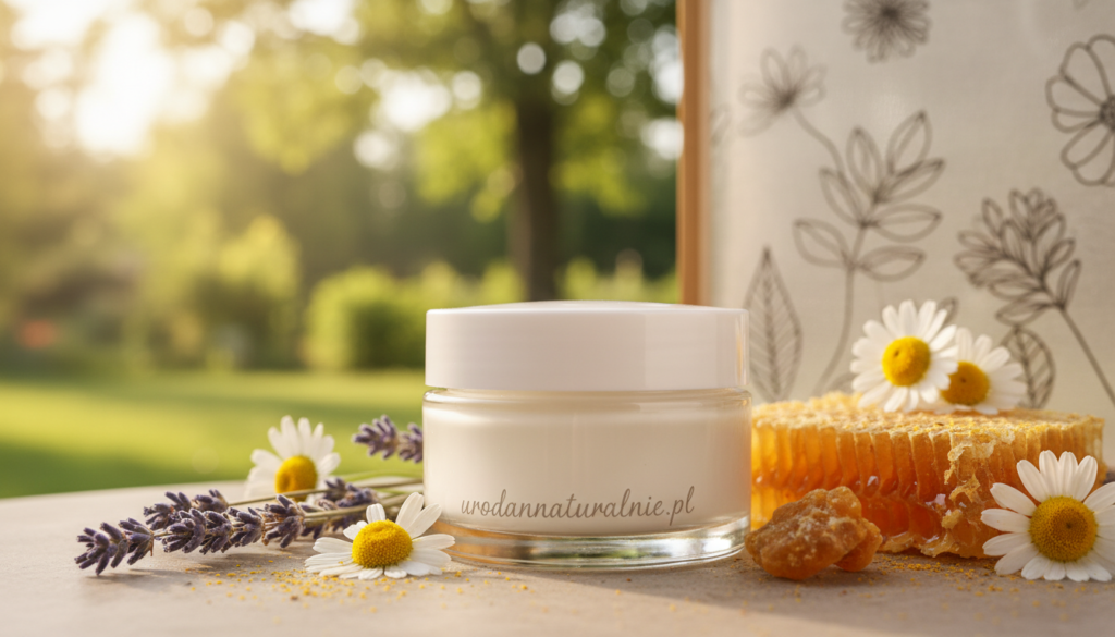 Create an informative, visually appealing image illustrating natural allergens in cosmetics. In the foreground, showcase an elegant, minimalistic cosmetic jar surrounded by delicate herbs like lavender and chamomile, along with bee-related ingredients like honeycomb and propolis. In the middle, a light, airy backdrop features soft-focus botanical elements, enhancing the concept of natural beauty. The background should depict a calm, natural environment, perhaps a sunlit garden or herbal field. Utilize warm, soft lighting to evoke a safe and inviting atmosphere. Opt for a close-up shot with a shallow depth of field to emphasize the details of the allergens while ensuring the brand name "urodanaturalnie.pl" is subtly incorporated into the design, promoting a holistic and gentle perspective on skincare. Create an informative, visually appealing image illustrating natural allergens in cosmetics. In the foreground, showcase an elegant, minimalistic cosmetic jar surrounded by delicate herbs like lavender and chamomile, along with bee-related ingredients like honeycomb and propolis. In the middle, a light, airy backdrop features soft-focus botanical elements, enhancing the concept of natural beauty. The background should depict a calm, natural environment, perhaps a sunlit garden or herbal field. Utilize warm, soft lighting to evoke a safe and inviting atmosphere. Opt for a close-up shot with a shallow depth of field to emphasize the details of the allergens while ensuring the brand name "urodanaturalnie.pl" is subtly incorporated into the design, promoting a holistic and gentle perspective on skincare.