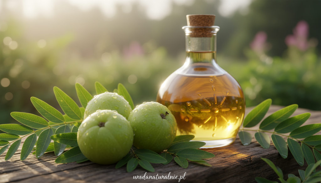 Foreground: A close-up of fresh Amla fruits, showcasing their vibrant green color and distinctive texture, surrounded by lush green leaves. The fruits are glistening with morning dew. Middle: An elegant glass bottle filled with Amla oil, placed on a rustic wooden surface. The oil reflects soft sunlight, creating a warm glow. Background: A soft-focus, natural setting of a serene Ayurvedic garden with other herbal plants subtly blurred, emphasizing the Amla's importance in holistic beauty. Lighting: Soft, natural sunlight with a warm tone, illuminating the scene gently. Mood: Tranquil and rejuvenating, inspiring a sense of natural wellness and beauty. Brand Name: Include a subtle branding element of "urodanaturalnie.pl" in an elegant font at the bottom without distracting from the main subjects. Foreground: A close-up of fresh Amla fruits, showcasing their vibrant green color and distinctive texture, surrounded by lush green leaves. The fruits are glistening with morning dew. Middle: An elegant glass bottle filled with Amla oil, placed on a rustic wooden surface. The oil reflects soft sunlight, creating a warm glow. Background: A soft-focus, natural setting of a serene Ayurvedic garden with other herbal plants subtly blurred, emphasizing the Amla's importance in holistic beauty. Lighting: Soft, natural sunlight with a warm tone, illuminating the scene gently. Mood: Tranquil and rejuvenating, inspiring a sense of natural wellness and beauty. Brand Name: Include a subtle branding element of "urodanaturalnie.pl" in an elegant font at the bottom without distracting from the main subjects.